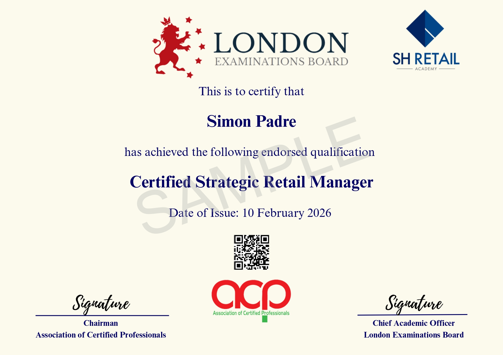 Sample E Certificate Certified Strategic Retail Manager page 0001